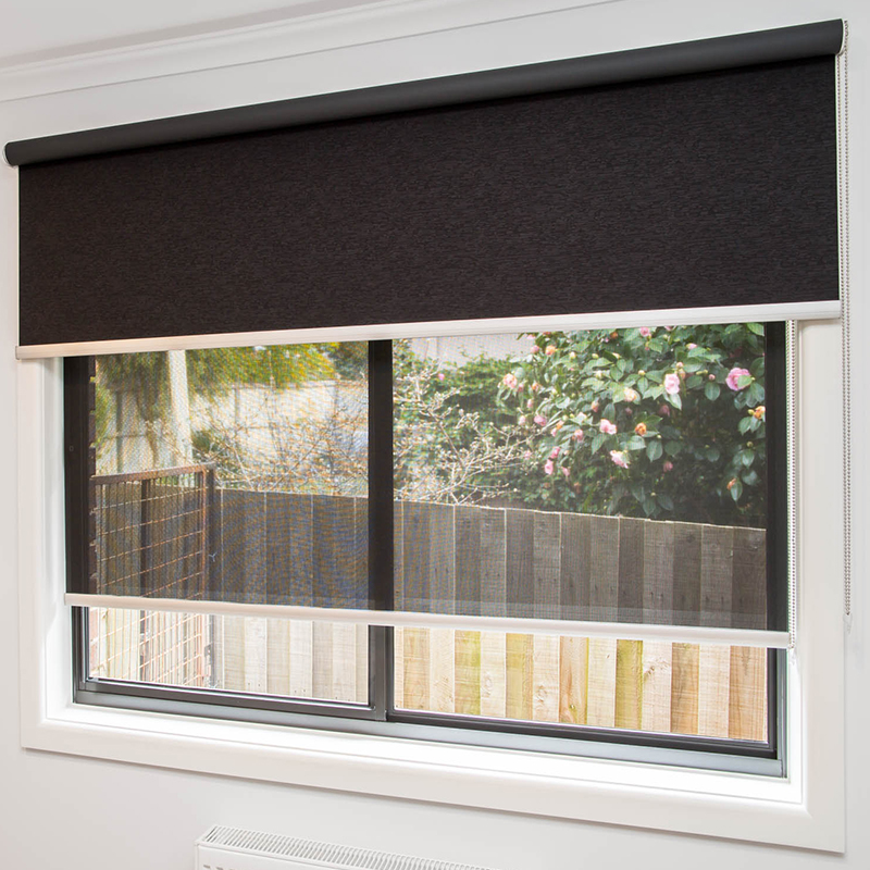 Blockout blinds open with a view of the backyard fence